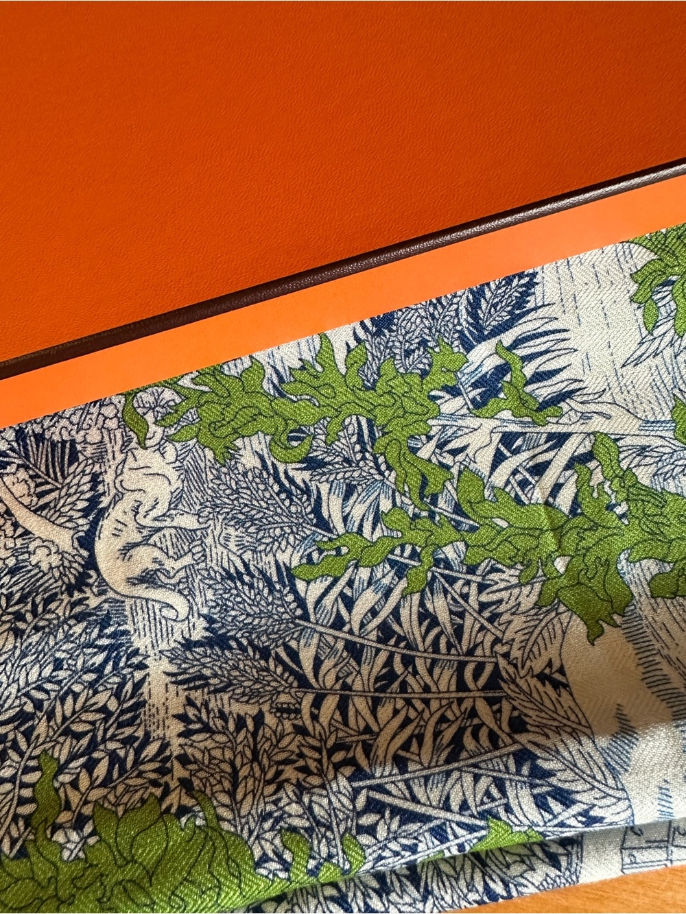 Hermes Blue, White & Green Printed Silk Scarf